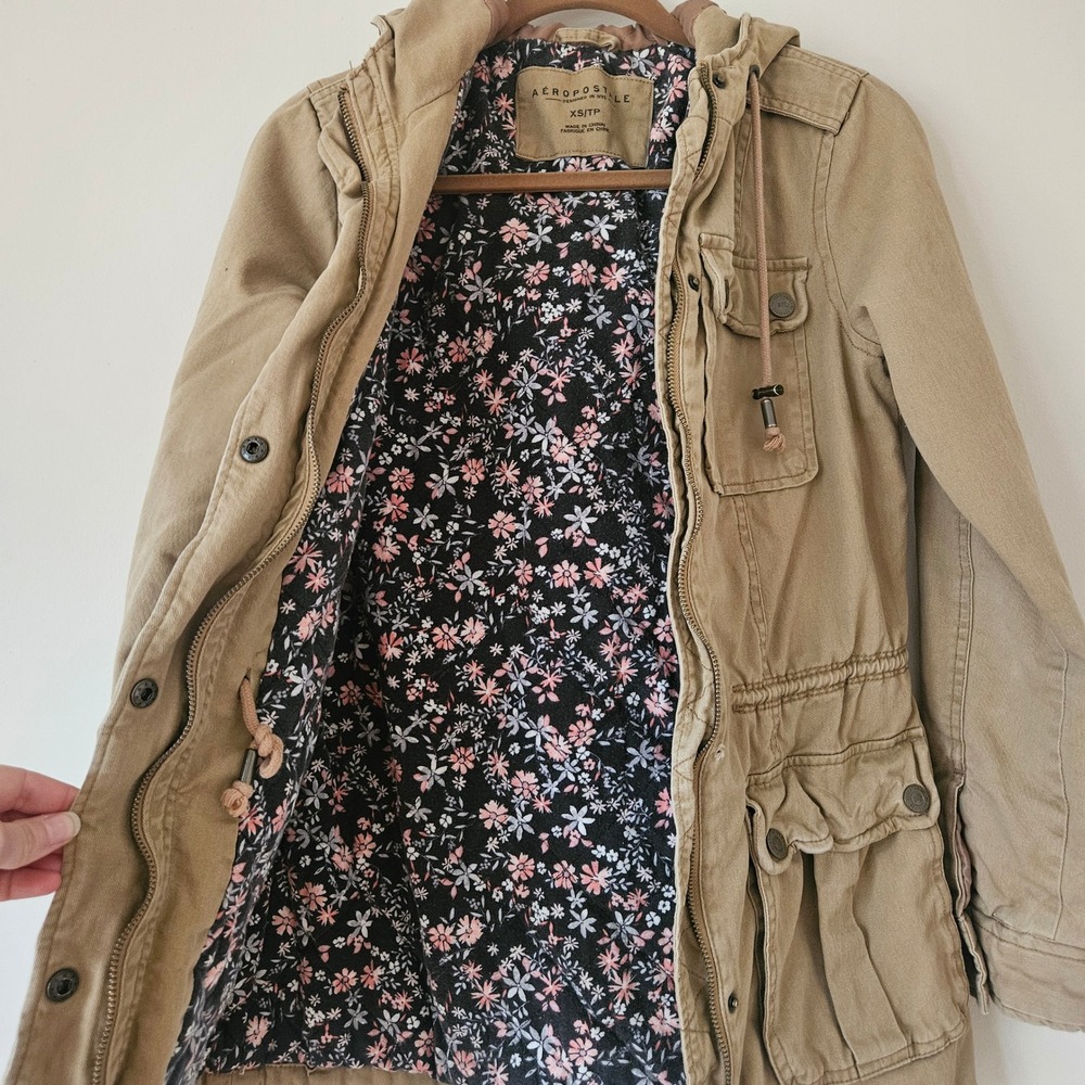 AEROPOSTALE Khaki‎ Utility Jacket Hooded Parka XS/TP Floral Lined - Picture 8 of 12